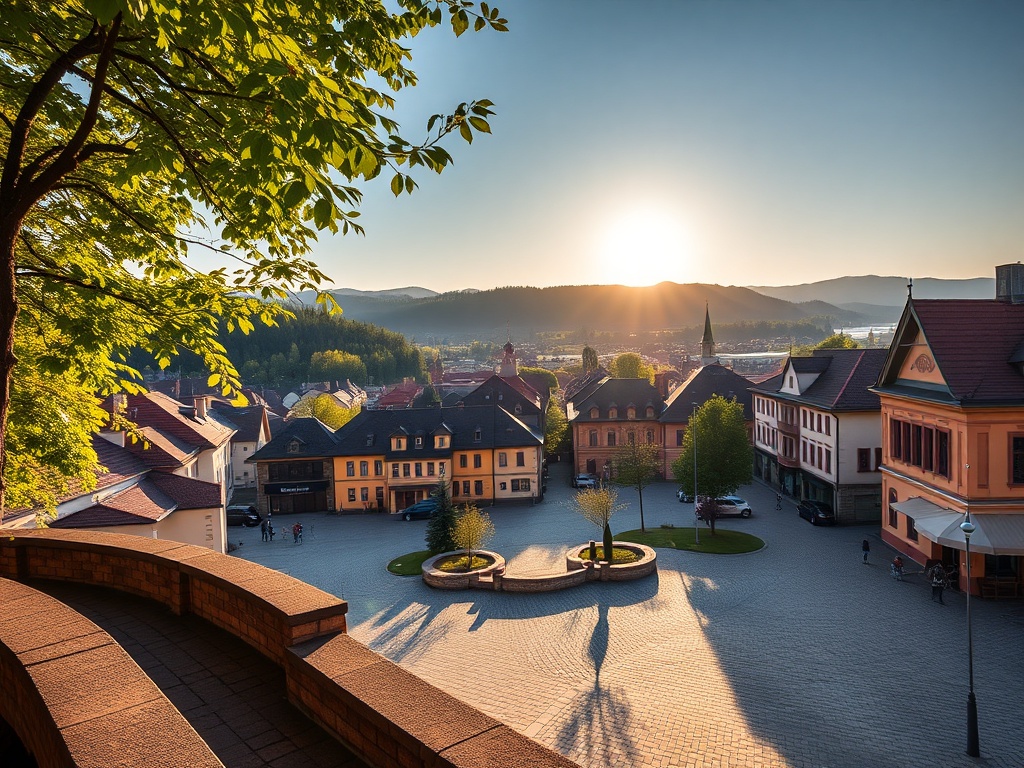 Urokliwy widok na restaurację w Łęknicy z letnim ogródkiem i zielenią w tle.