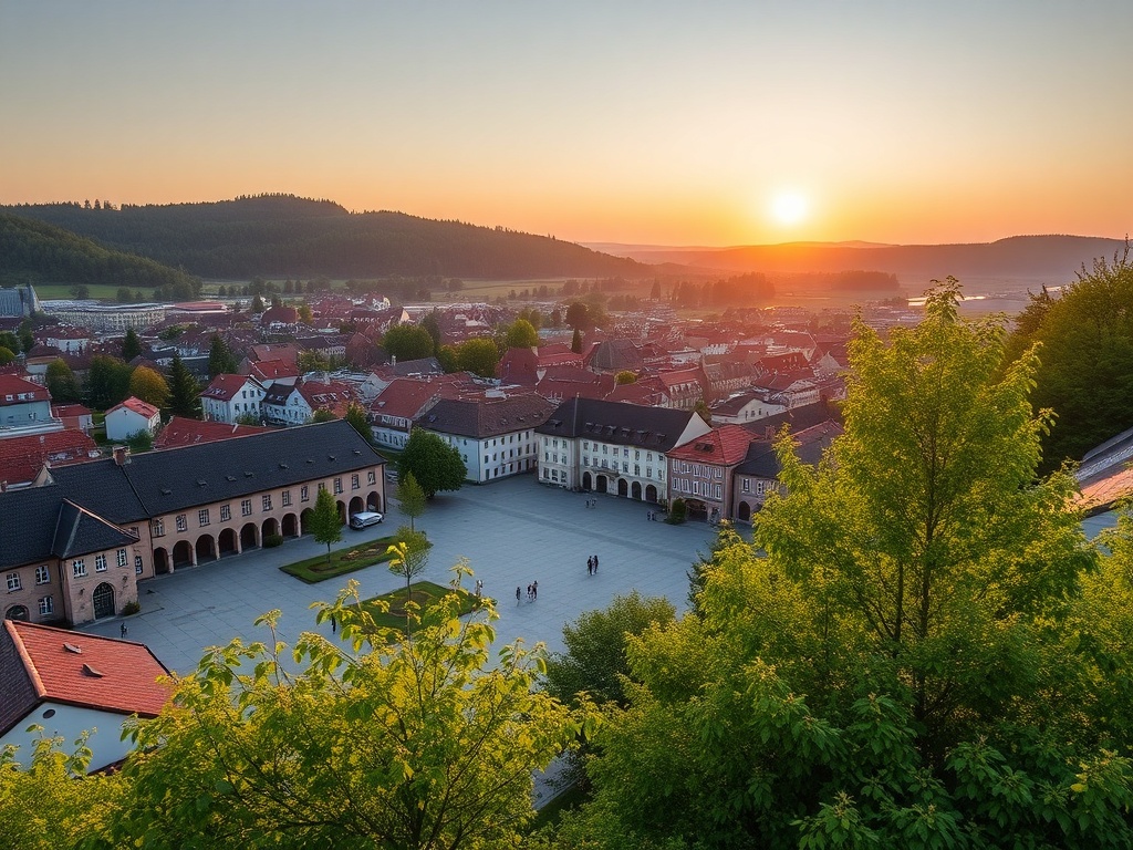 Malowniczy krajobraz Parku Mużakowskiego w Łęknicy z zielonymi tarasami i rzeką Nysą Łużycką w tle, idealny na majówkę.