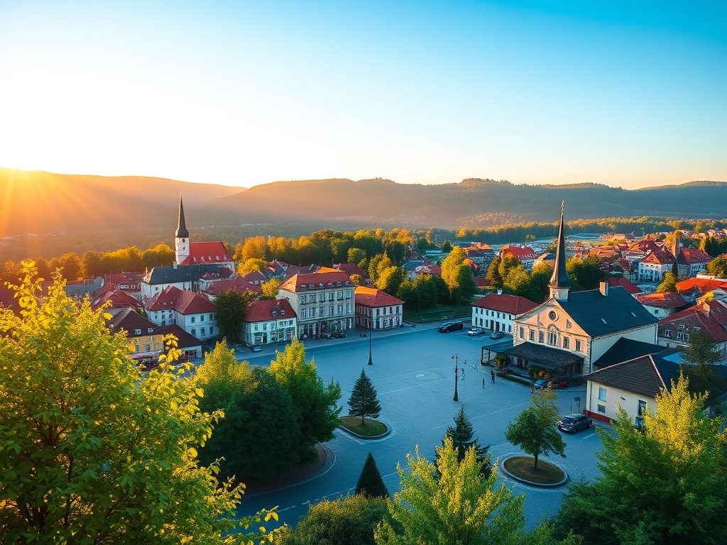 Bielące się kwiaty kasztanowców nad ulicą w Łęknicy podczas wiosennego kwitnienia.